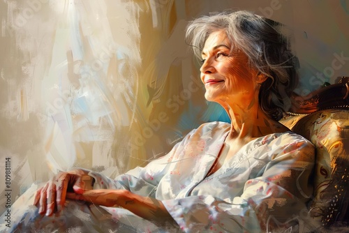 elegant confidence attractive mature woman relaxes in comfortable nightdress at home digital painting