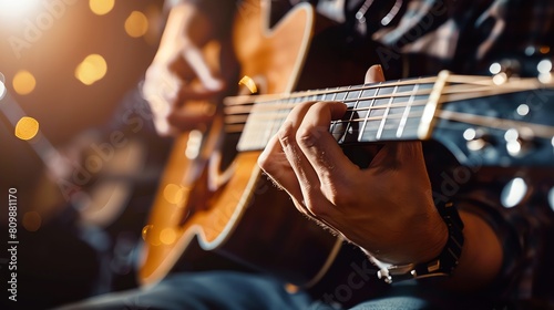 A close-up of a man playing an acoustic guitar. The man is wearing a plaid shirt and the guitar is brown.