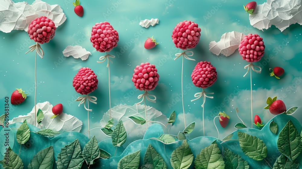 A vibrant painting featuring ripe red raspberries nestled among lush green leaves against a striking blue background A vibrant painting featuring ripe red raspberries nestled among lush green leaves against a striking blue background