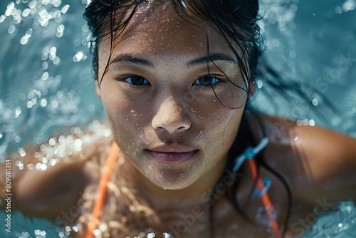 A detailed shot of a slim yet voluptuous Asian woman  her bronzed complexion glistening as she emerges from the water in a bikini