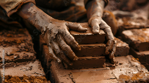 Hands of worker making bricks with clay and mud, generative ai