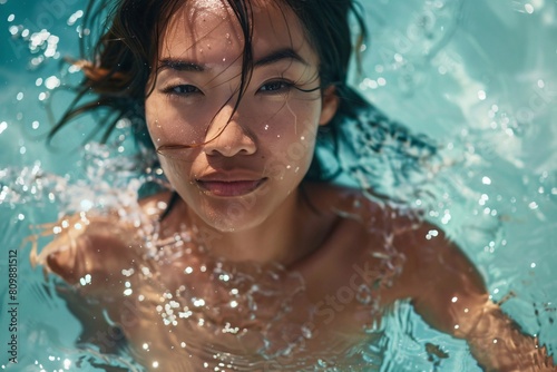 A close-up view of an Asian woman with bronzed skin  slim yet curvaceous  emerging from the water in a bikini