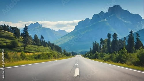 A road with a mountain range in the background photo