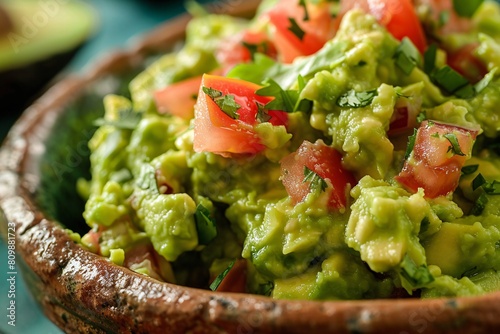 A close-up shot capturing the texture and freshness of freshly made guacamole with ripe avocados and diced tomatoes