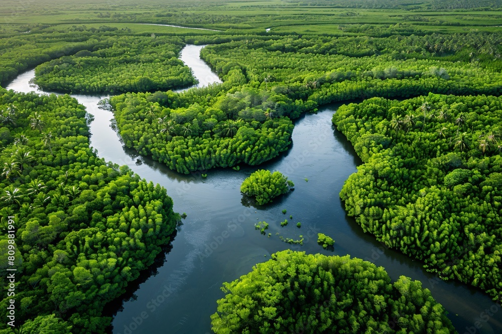 A breathtaking aerial view of a dense mangrove forest with winding waterways and lush green foliage