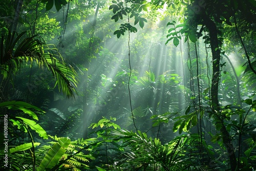 A captivating snapshot of a lush tropical rainforest canopy with sunlight streaming through the trees