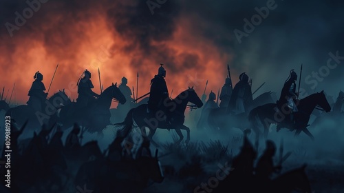 A medieval battle scene depicted with cavalry and infantry, featuring silhouetted figures on a dark, foggy, night-time background with selective focus