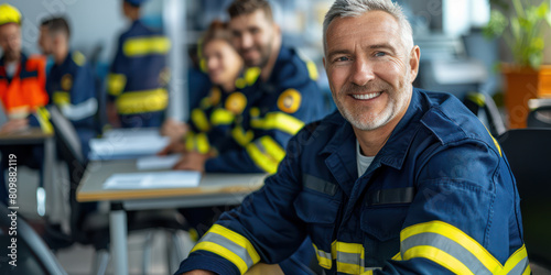 fireman rescuer firefighter education training, mature male officer in blue uniform sitting in classroom, utility worker, emergency service technician personnel learning concept