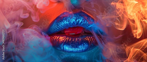 Close up of blue lips with red lipstick surrounded smoke, neon orange and light pink lighting, hyper realistic photography in the style of unknown artist.