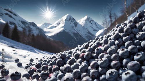 Generate a promotional image that conveys the freshness and purity of our product, highlighting the frozen blueberries. Imagine a scenario in the Swiss mountains, where everything is covered with snow