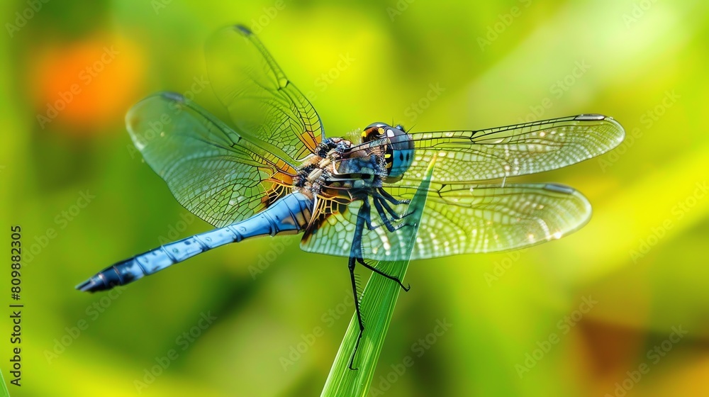 A beautiful blue dragonfly perches on a green leaf. The dragonfly's wings are spread wide, showing off their delicate and intricate structure. A beautiful blue dragonfly perches on a green leaf. The dragonfly's wings are spread wide, showing off their delicate and intricate structure.