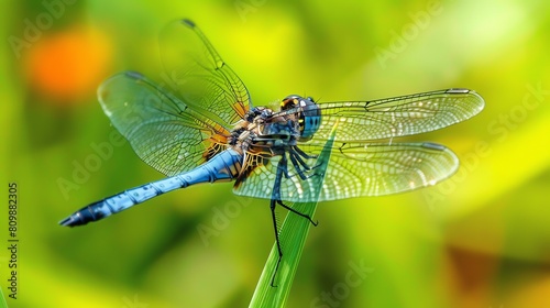 A beautiful blue dragonfly perches on a green leaf. The dragonfly's wings are spread wide, showing off their delicate and intricate structure. © Galib