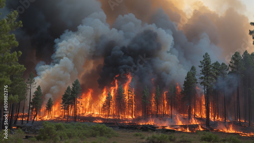 A wildfire burns through a forest.  photo