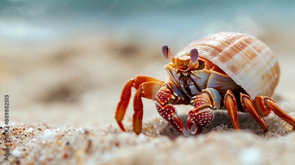 Cute hermit crab with bigé’³å­. It is on the sandy beach near the ocean. The crab has a beautiful orange-brown shell.