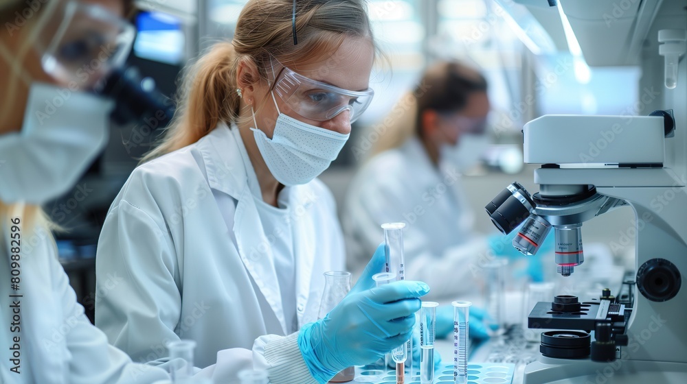 Scientists wearing protective gear work diligently in a modern laboratory.