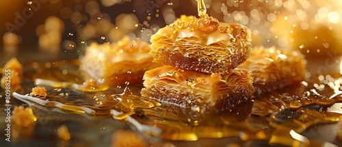 Charming 3D floating display of Greek baklava, golden and syrupy photo
