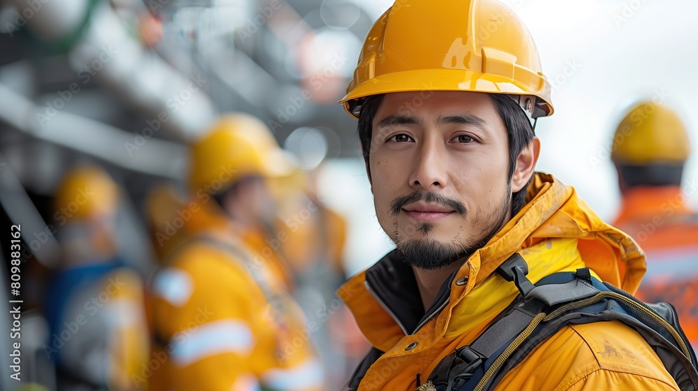 Site supervisor in a reflective moment, framed against the dynamic backdrop of a bustling construction team