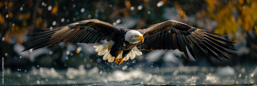 Majestic bald eagle skims the water, swooping with its outstretched ...