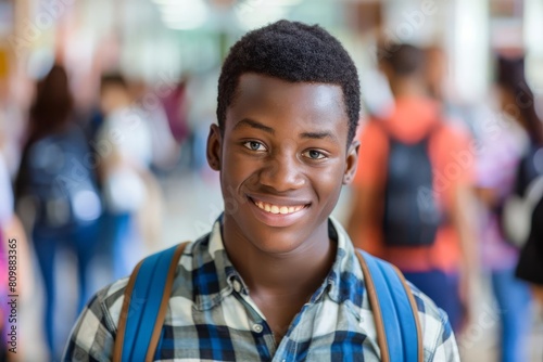 happy african american teenage boy portrait in school education concept