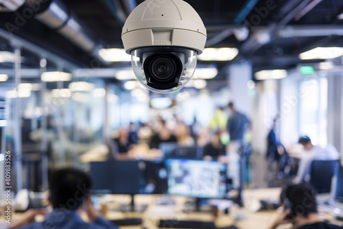 Amidst the busy office, a technician focuses intently on installing a Security CCTV camera system, enhancing the safety and surveillance capabilities of the modern workspace. Comme