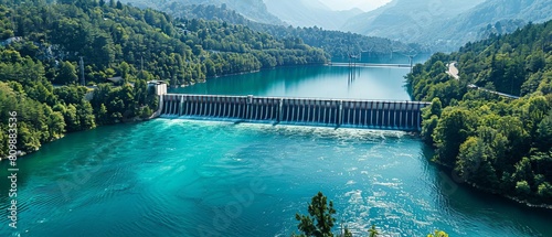 A winding river transformed into a hydropower pathway, with turbines subtly integrated into the waterway photo