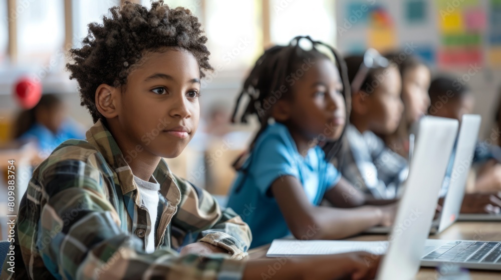 Children seated around a table engaging with laptops. A scene of learning and technology in a classroom or educational setting. Children seated around a table engaging with laptops. A scene of learning and technology in a classroom or educational setting.