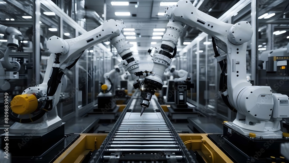 Advanced automation machinery and robotics in futuristic smart factory setting. Concept Industry 4,0, Automation Technology, Robotics Innovation, Smart Factory, Futuristic Manufacturing