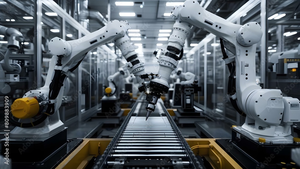 Advanced automation machinery and robotics in futuristic smart factory setting. Concept Industry 4,0, Automation Technology, Robotics Innovation, Smart Factory, Futuristic Manufacturing Advanced automation machinery and robotics in futuristic smart factory setting. Concept Industry 4,0, Automation Technology, Robotics Innovation, Smart Factory, Futuristic Manufacturing