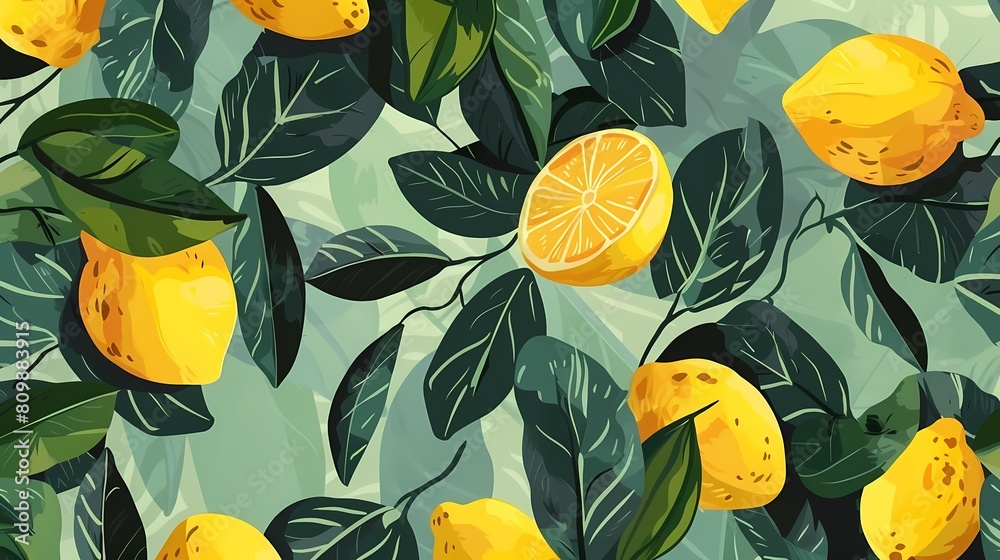 Digital lemon and leaves pattern illustration poster web page PPT background Digital lemon and leaves pattern illustration poster web page PPT background