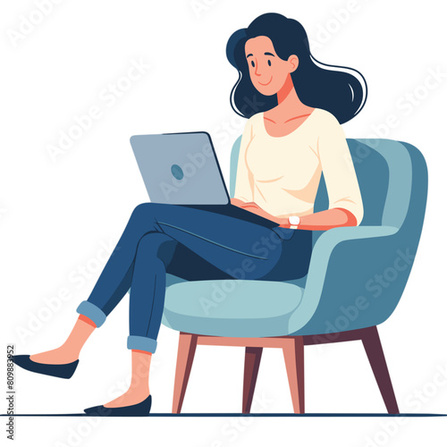 Happy woman sitting on armchair and working on laptop