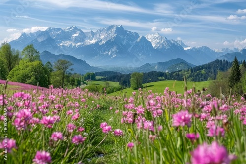 idyllic alpine landscape with blooming meadows in spring majestic mountain scenery