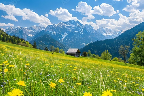 idyllic alpine landscape with blooming meadows in spring majestic mountain scenery