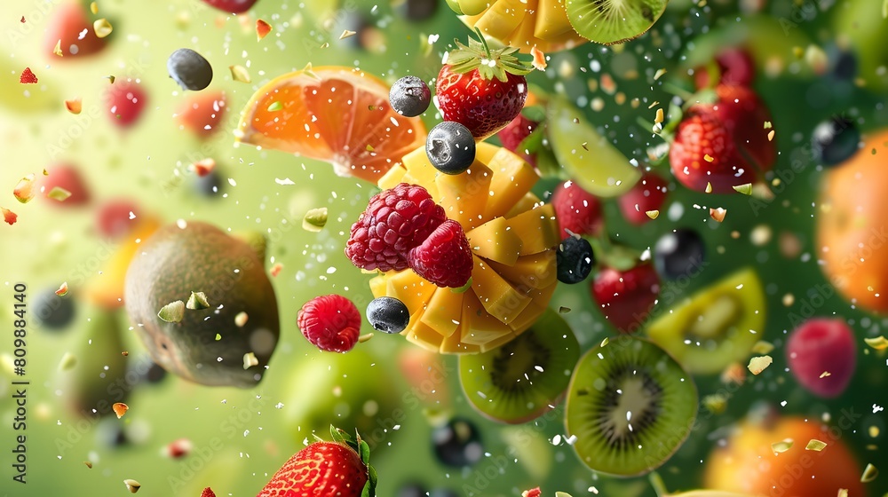 Fruit explosion on a green background, with different fruits flying in the air Fruit explosion on a green background, with different fruits flying in the air