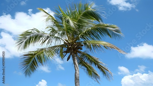 A coconut palm swaying in the tropical breeze, coconuts visible at the top against a bright sky