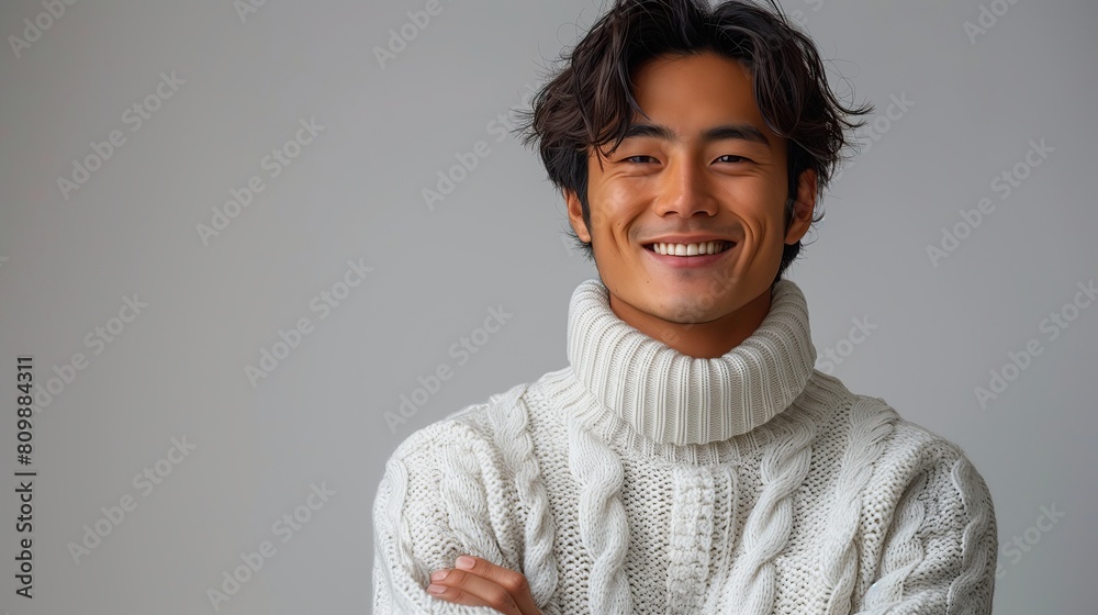 Young asian man wearing a thick white turtleneck sweater, Young asian man wearing a thick white turtleneck sweater,
