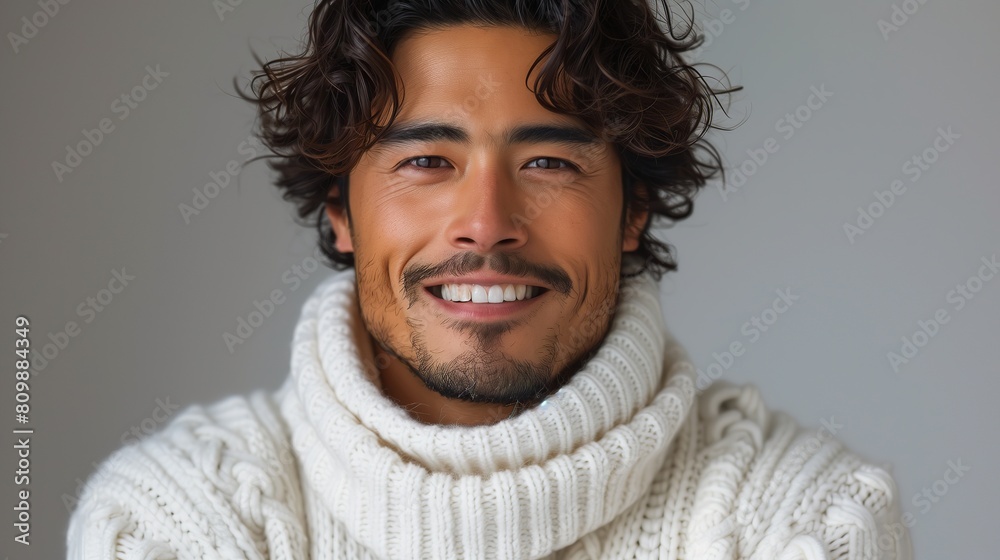 Young Asian man in a plush white turtleneck sweater Young Asian man in a plush white turtleneck sweater