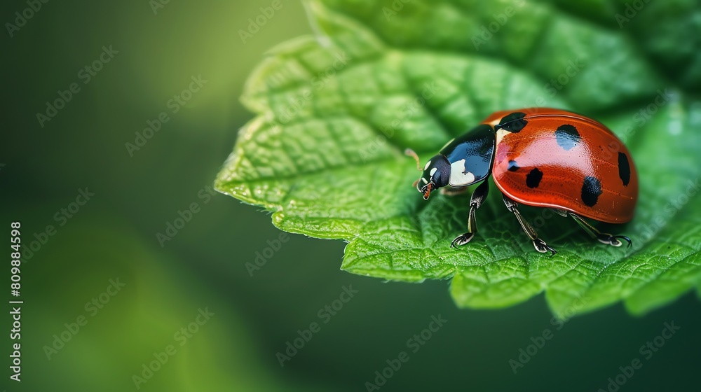A closeup of a ladybug on a green leaf. The ladybug is red with black spots and has its wings closed. A closeup of a ladybug on a green leaf. The ladybug is red with black spots and has its wings closed.