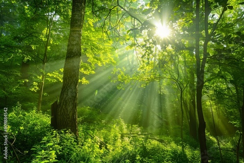 lush green forest with sunbeams filtering through trees enchanting nature landscape