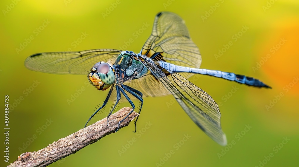 A dragonfly perched on a branch, its wings outspread. The dragonfly is blue and green, with a long, thin body and large, iridescent wings. A dragonfly perched on a branch, its wings outspread. The dragonfly is blue and green, with a long, thin body and large, iridescent wings.