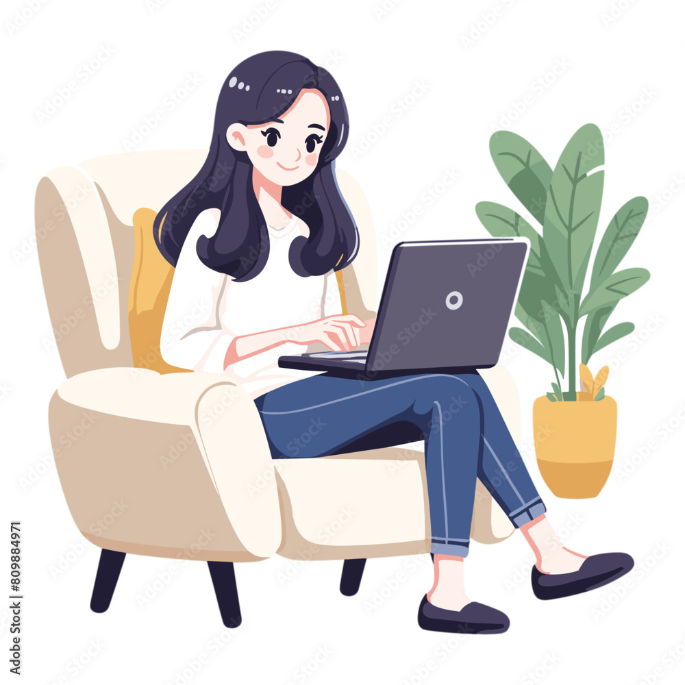 Happy woman sitting on armchair and working on laptop Happy woman sitting on armchair and working on laptop