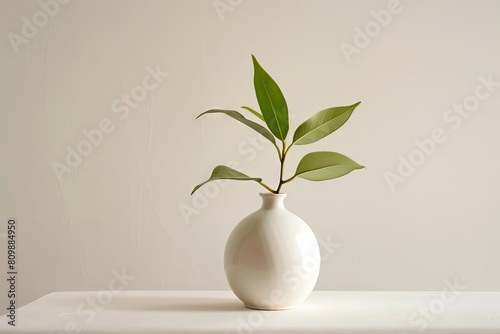 minimalist white ceramic vase with single green leaf scandinavian interior design