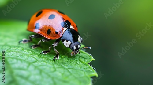 A closeup of a ladybug on a green leaf. The ladybug is red with black spots and has its wings closed. The leaf is green and has a serrated edge.
