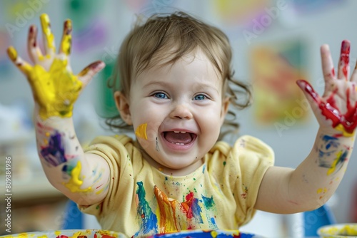 Toddlers gleefully painting with their hands in a sunny art class