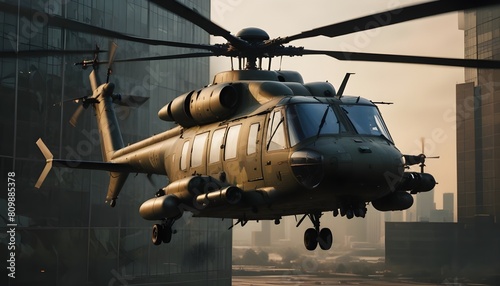 A large military helicopter with multiple rotors and a camouflage paint scheme hovering in the air there is a silhouette of a glass building in the background