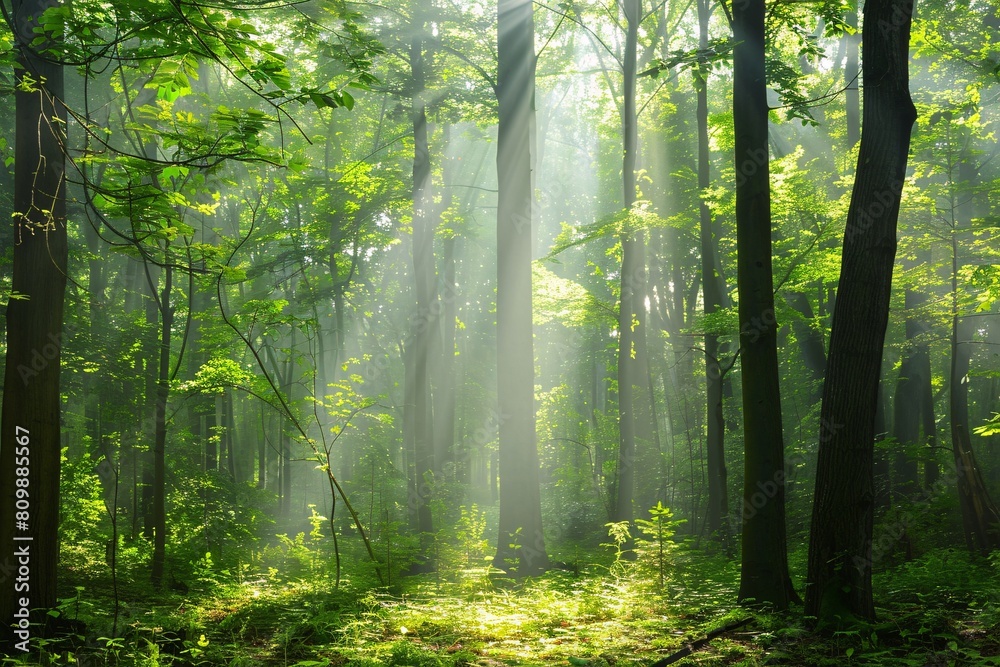 Enchanting forest with sunlight filtering through trees