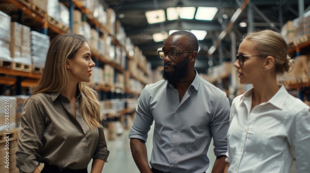 Engaging professional discussion among three colleagues in warehouse, two women and one man, focusing on logistics and teamwork.