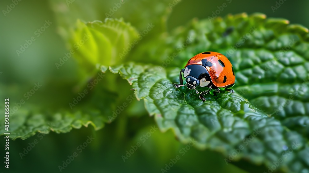 A ladybug sits on a green leaf, looking in the direction of the camera. The ladybug is red with black spots. A ladybug sits on a green leaf, looking in the direction of the camera. The ladybug is red with black spots.