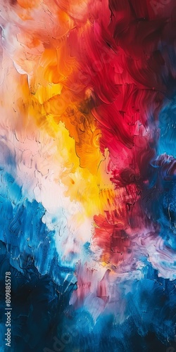 Vibrant abstract painting background bursting with dynamic colors of blue  orange  red  embellishing themes of creativity and emotion in art. Copy space.