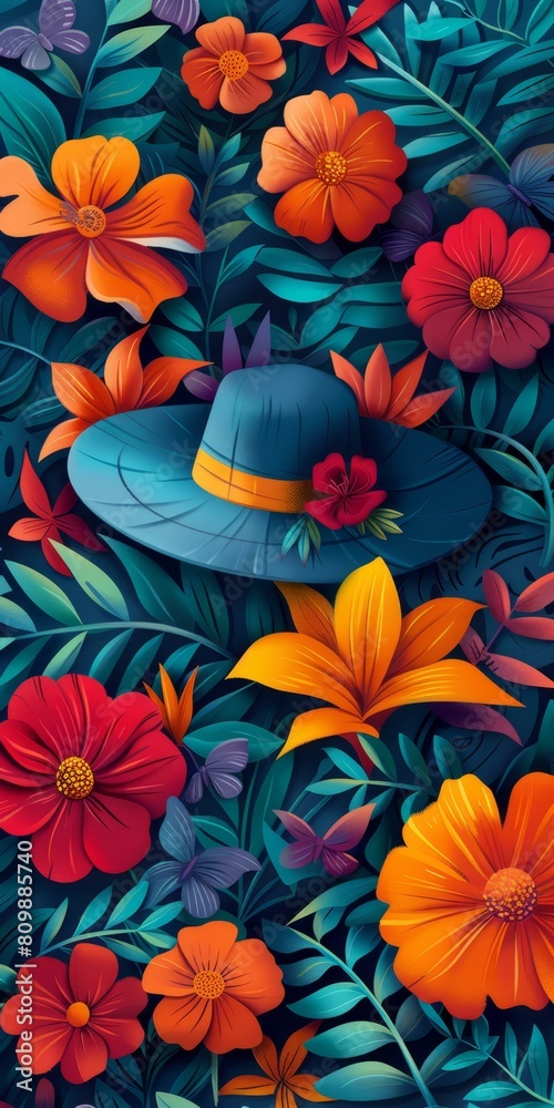 Vibrant digital artwork of blue hat nestled among lush tropical flowers in shades of red, orange, and purple, evoking peaceful garden tranquility. Vibrant digital artwork of blue hat nestled among lush tropical flowers in shades of red, orange, and purple, evoking peaceful garden tranquility.