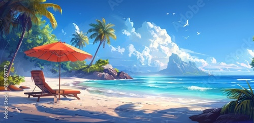 Idyllic tropical beach scene with orange umbrella  lounge chair against azure waters  lush greenery  inviting summer vacation mood  clear skies. Copy space.